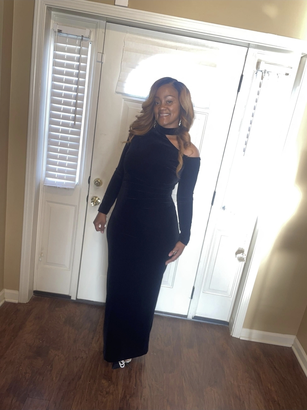 Xscape Black One-Shoulder Velvet Maxi Dress with Long Sleeve